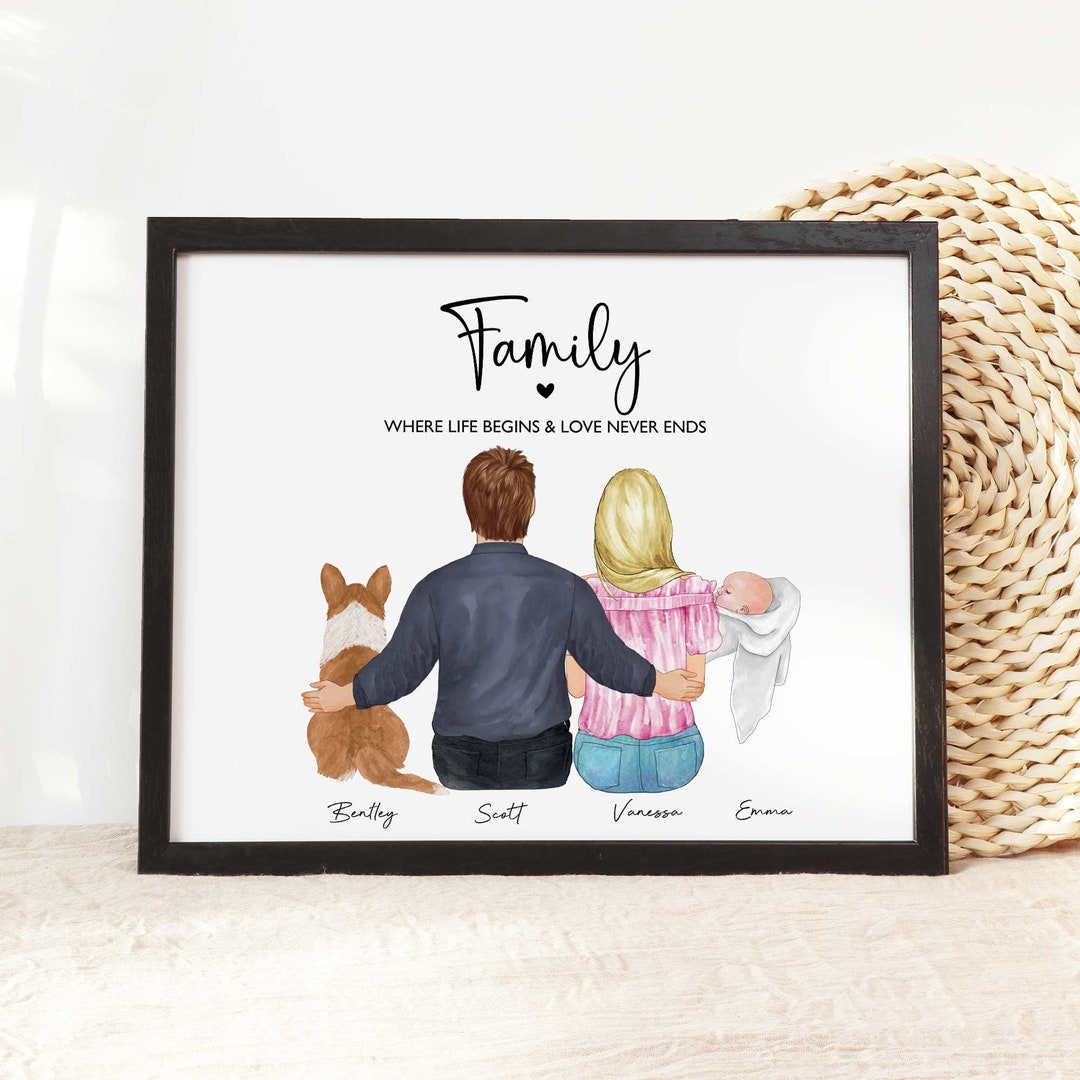 Customizable family wall art with baby and pet, 1st Christmas Gift for