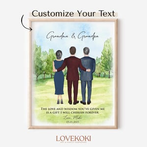 Hochzeitsgeschenk für die Großeltern des Bräutigams, individuelle Hochzeitsillustration Danke Großeltern, personalisierter Bräutigam und Großeltern Zeichnung