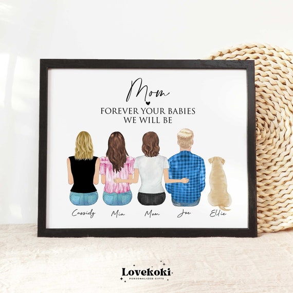 Personalized Christmas Gift for Mom From Daughter/son, Mother Birthday  Gift, Custom Family Portrait Illustration, Back View Family Portrait 