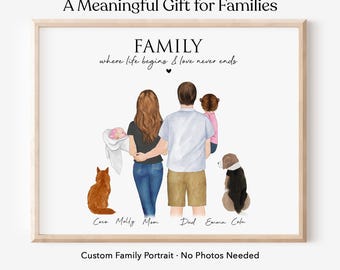 Personalized Family Portrait with Baby and Pet, Custom Christmas Gift for New Mom, Housewarming Decor, Newborn Present, Digital Download