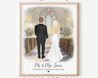 Bride and Groom Wedding Portrait, Personalized Couple Gift, Mr and Mrs, Digital Print
