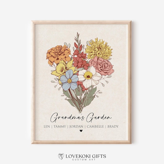 Grandmas Garden Print,Moms Garden Picture, Nanas Garden,Personalized Grandma Gift Mothers Day Birth Flower Bouquet Print Mums Garden Digital