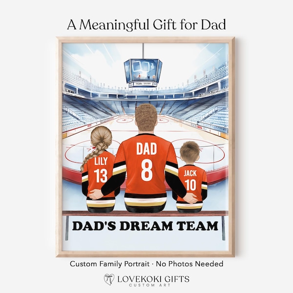 Daddy’s Dream Team Hockey Portrait, Custom Family Print with Ice rink Background, Birthday Gifts for Dad from Kids
