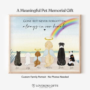 Arte mural para mascotas Rainbow Bridge, retrato en homenaje a la pérdida de un perro y un gato, ilustración de mascota familiar.