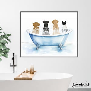 Dog Bathroom Art, Custom Pet Portrait, Personalized Funny Mothers Day Gift for Fur Family, Dog Lovers,Two Pets in Bathtub,Restroom Art Decor
