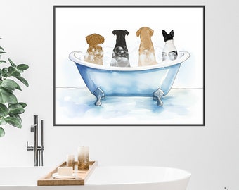 Dog Bathroom Art, Custom Pet Portrait, Personalized Funny Mothers Day Gift for Dog Mom, Dog Lovers, Two Pets in Bathtub Print, Restroom Art