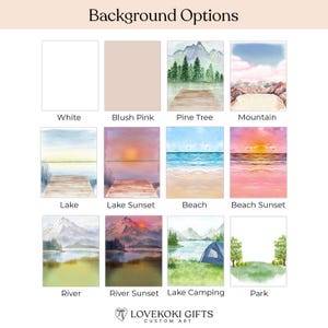 a collection of twelve different landscape scenes, each with a unique background option. The options include a white background, a pink background, a pine tree background, a mountain background, a lake background, a beach background, a sunset background, a lake sunset background, a beach sunset background, a river sunset background, a lake camping background, and a park background.