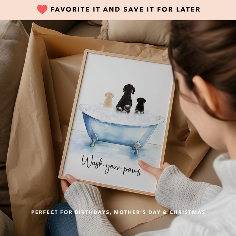 Divertente quadro da parete per il bagno con cane, ritratto personalizzato di animali domestici nella vasca da bagno, stampa digitale personalizzata, su tela o con cornice. immagine 2
