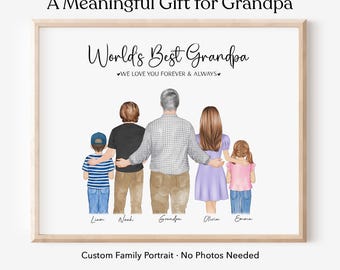 Custom Family Portrait for Grandpa Papa, Grandparent gifts from Grandkids, Grandfather Birthday Portrait, Personalized Wall Art