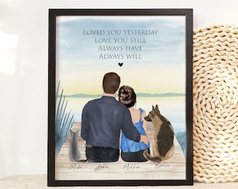 Personalized Couple portrait with pets, Dog illustration custom print, Anniversary gift, Engagement gift for couple dog, Mothers Day Gift