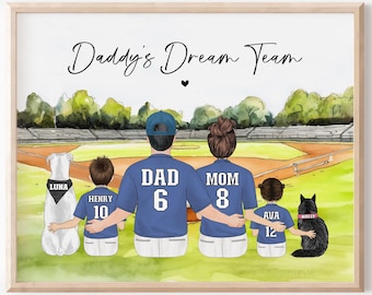 Daddy's Dream Team, Personalized Father's Day Gift, Custom Baseball Family Portrait, Gift for Baseball Dad or Mom, Digital Art Print