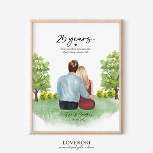 Gepersonaliseerd cadeau 25-jarig jubileum - aangepaste paar portret illustratie tekening, kaart 25-jarig jubileum voor vrouw, echtgenoot, ouders Cadeaus