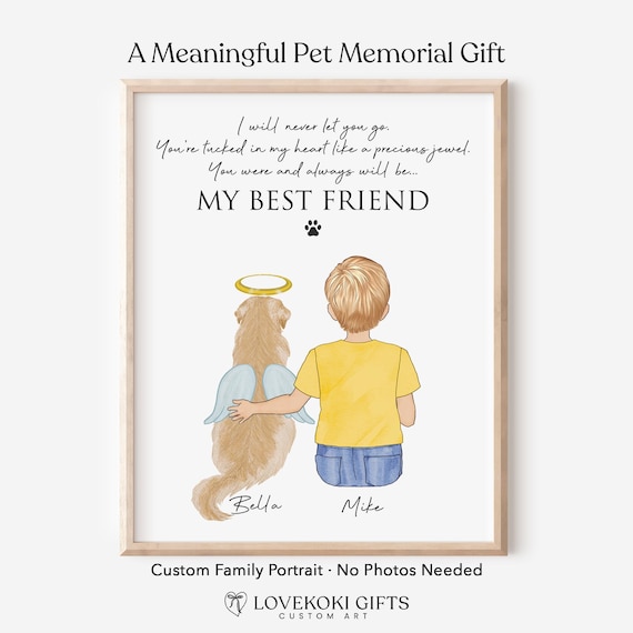 Custom Pet Memorial Portrait for Kids, Dog or Cat Loss Illustration, Watercolor Framed Wall Art, Canvas Print, Digital Print