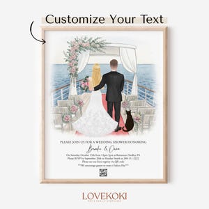Wedding Invitation, Couple with dog cat wedding print, Cruise Wedding, Newly Weds Illustration, Watercolor Wedding Drawing, Digital Print
