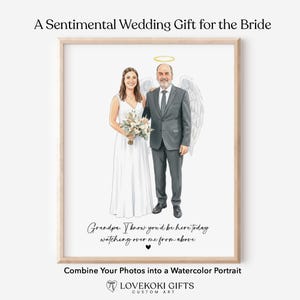 May include: A framed watercolor portrait of a bride and a man in a suit with angel wings and a halo. The text reads, "A Sentimental Wedding Gift for the Bride." The bottom text says, "Combine Your Photos into a Watercolor Portrait."