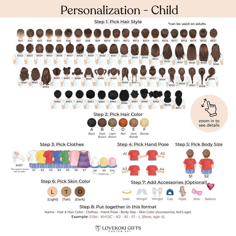 The image is a collection of various hair and clothing styles, along with color options, for a child's personalization. It includes a step-by-step guide on how to pick a hair style, pick a hair color, pick clothes, and pick a hand pose. The image also includes a step-by-step guide on how to pick a skin color, add accessories, and put together the final design.