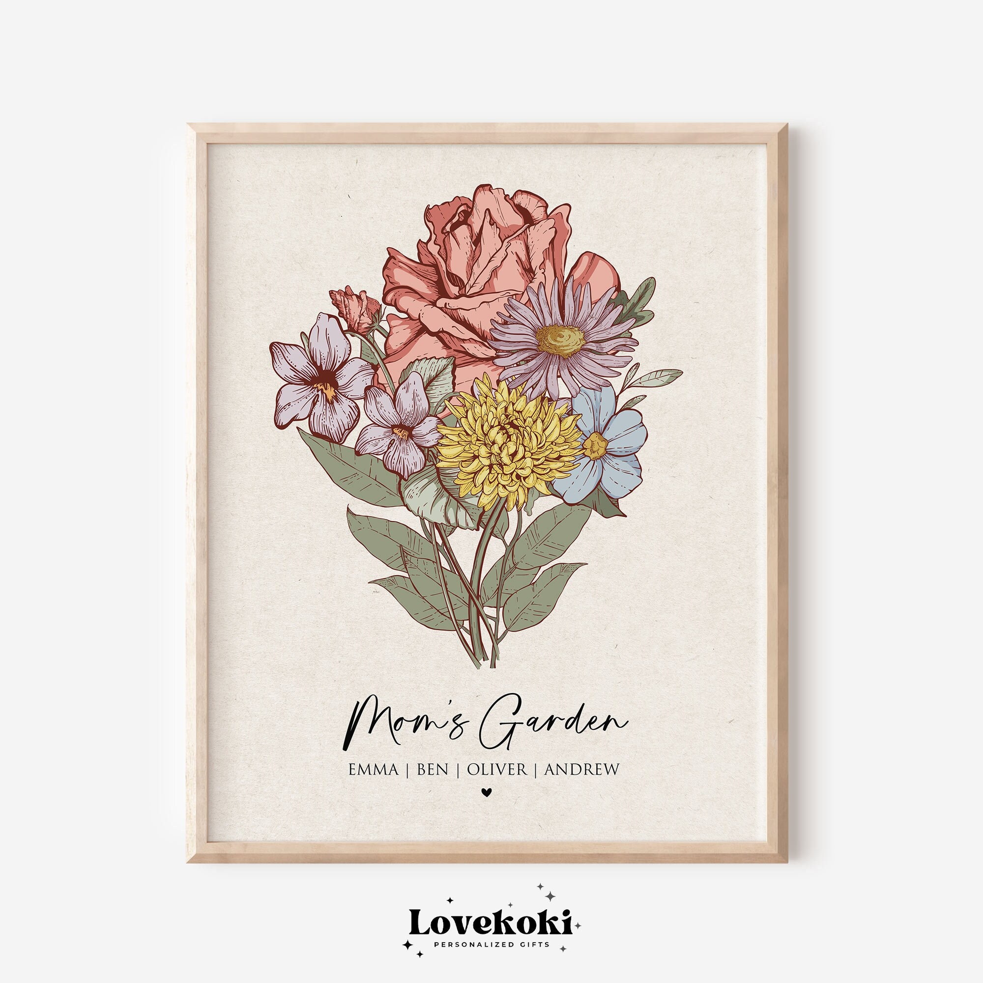 Moms Garden, Grandmas Garden, Birth flower print, Personalized Christmas gift for mom, Mums garden picture, Birth flower bouquet print