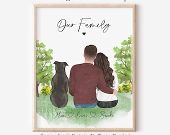 Anpassat porträtt av par med husdjur, familj med hund och katt, personlig mors dag-present till henne, present till par som älskar djur, hundfamiljekonst