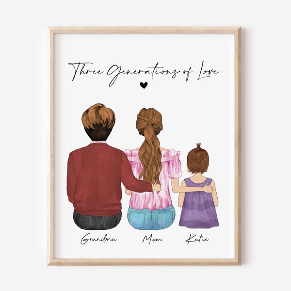 Three Generations of Love Print with Grandmother, Mother and daughter. Custom Grandma Portrait, Personalized Wall art gift for Mother's Day