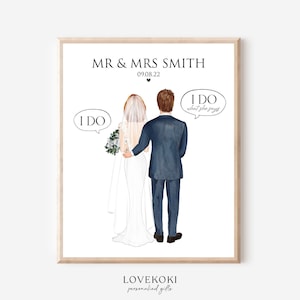 Regalo de boda divertido para pareja, retrato de novio y novia personalizado, impresión artística personalizada para recién casados, primer aniversario, regalo de pareja con cita divertida
