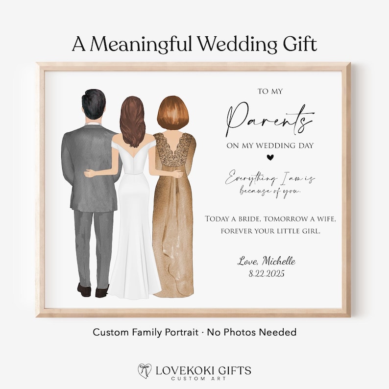 Retrato para los padres de la novia, regalo para la madre de la novia, dibujo de boda personalizado, arte mural familiar personalizado para mamá y papá. imagen 1