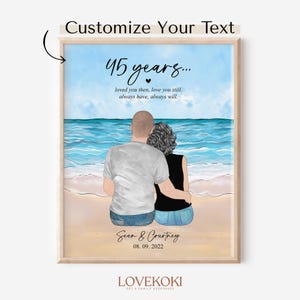 Regalo personalizado para el 45.º aniversario: ilustración con retrato de pareja personalizado, tarjeta de aniversario para esposa, esposo y padres.