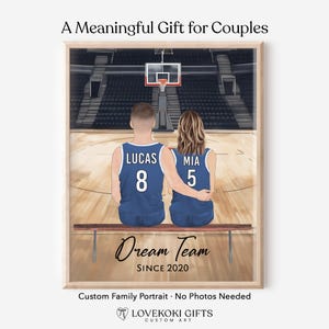 Basketball Couple Portrait with Pets, Personalized Birthday Gift for Boyfriend, Anniversary Gift for Husband, Custom Sports Wall Art