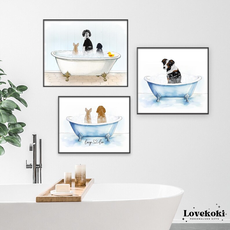 Divertente quadro da parete per il bagno con cane, ritratto personalizzato di animali domestici nella vasca da bagno, stampa digitale personalizzata, su tela o con cornice. immagine 3