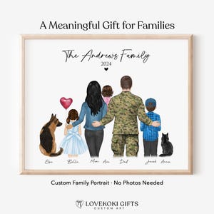Retrato familiar militar personalizado con mascota, regalo personalizado para el Día de la Madre para un padre militar o su esposo, impresión digital familiar del ejército, arte para el hogar de un soldado.