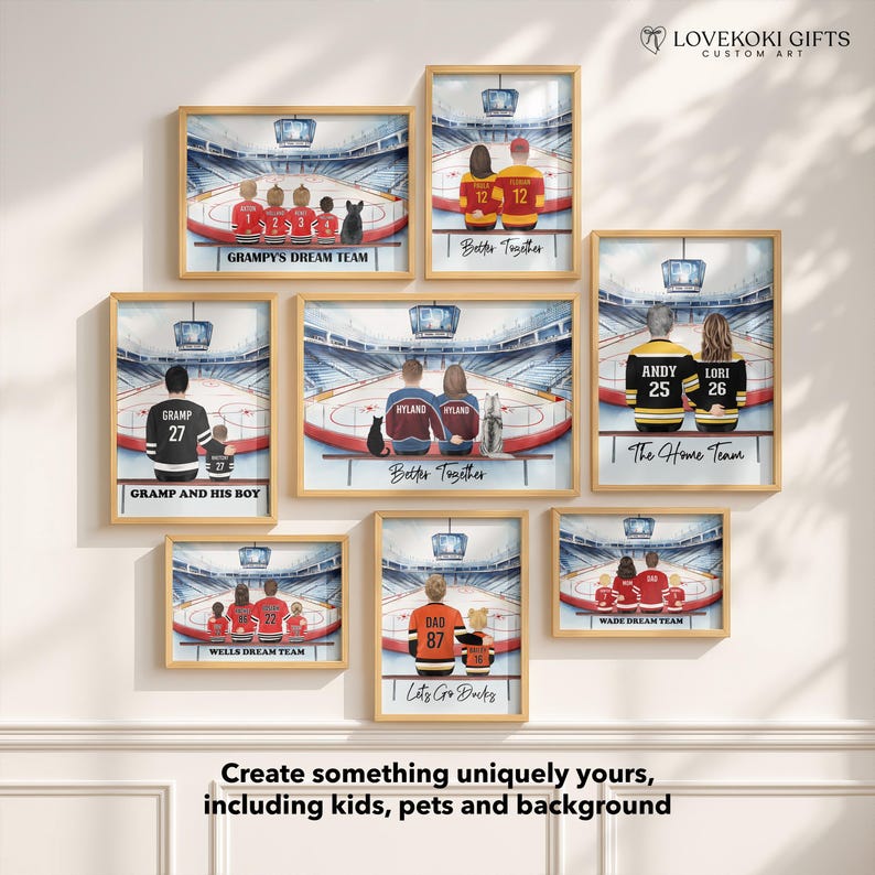 Retrato familiar de hockey personalizado, arte de pared personalizado del equipo de ensueño, regalos para papá y mamá aficionados al hockey, regalo para esposo y esposa, regalo para amantes del hockey imagen 2