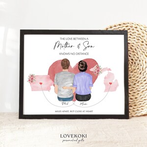Art mural mère-fils États longue distance, cadeau de Noël de maman de son fils, portrait de famille personnalisé, cadeau de déménagement, cadeau de dortoir universitaire, carte de l'État