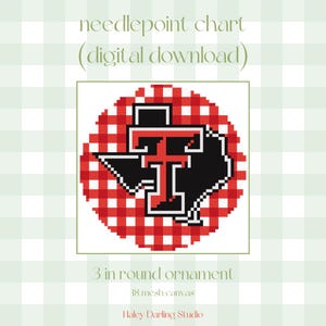 May include: A digital needlepoint chart for a 3-inch round ornament. The design features a black and red graphic on a red and white checkered background. The text "needlepoint chart (digital download)" and "3 in round ornament" are visible.