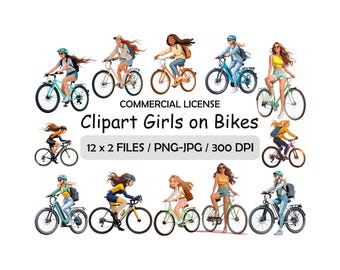 Clipart Girls on Bikes | Set of 12x2 High-Resolution PNG & JPG Images