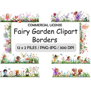 Clipart lunatique de bordure de jardin féerique - Champignons enchanteurs, fleurs vibrantes, renards, papillons et nain - Scène de forêt fantastique