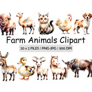 Farm Animals Clipart, Baby Animals, Chicken, Horse, Pig, Cow, Rabbit, Donkey, Goat, Bee | Set of 20x2 High-Resolution PNG & JPG Images