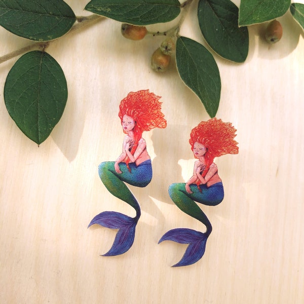 Boucles d'oreilles sirène rousse multicolore, clous d'oreilles /ginger mermaid earrings