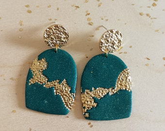 Handmade dangle polymer clay earrings with gilding leaves