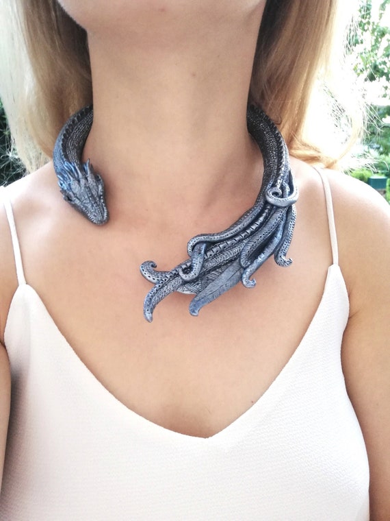 Silver Dragon Necklace - Dragon Necklace - Dragon Choker Necklace - Silver Dragon Necklace - Cosplay Dragon