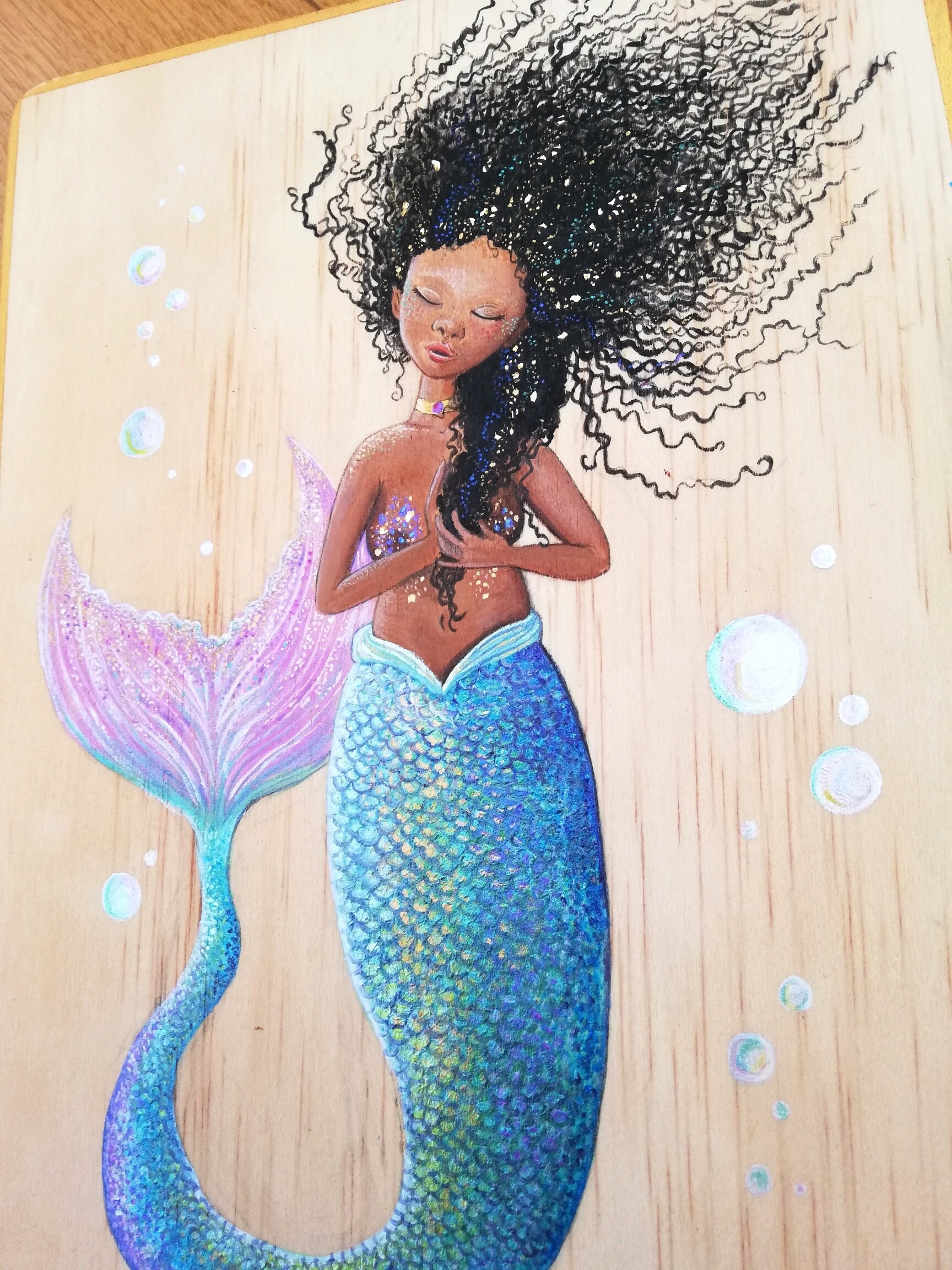 Peinture sur Bois Illustration Sirène, Format A4, Modèle Original