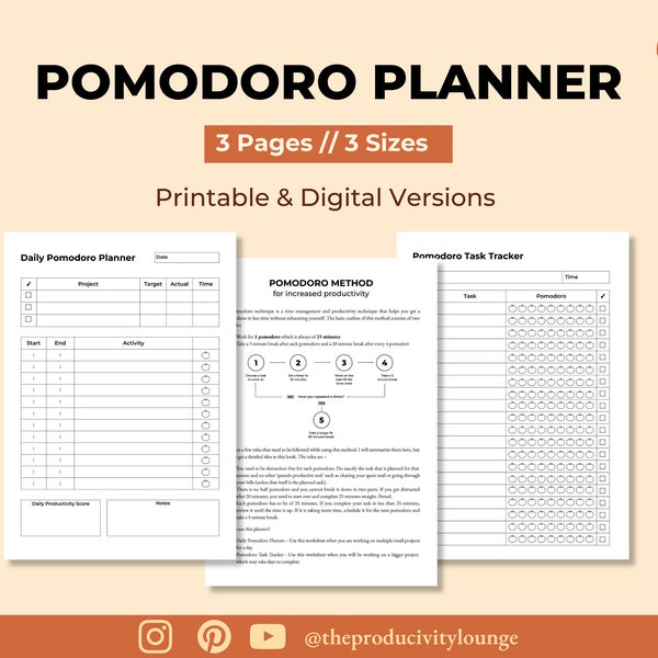 Pomodoro Tracker - Printable and Digital Planner, Time management worksheet, Time log, Pomodoro Technique, Project planning, Time tracker