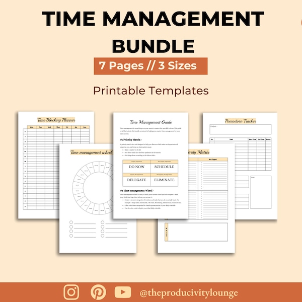 Time management planner bundle printable - Priority matrix , Pomodoro Planner, weekly Time blocking planner, Time wheel productivity planner