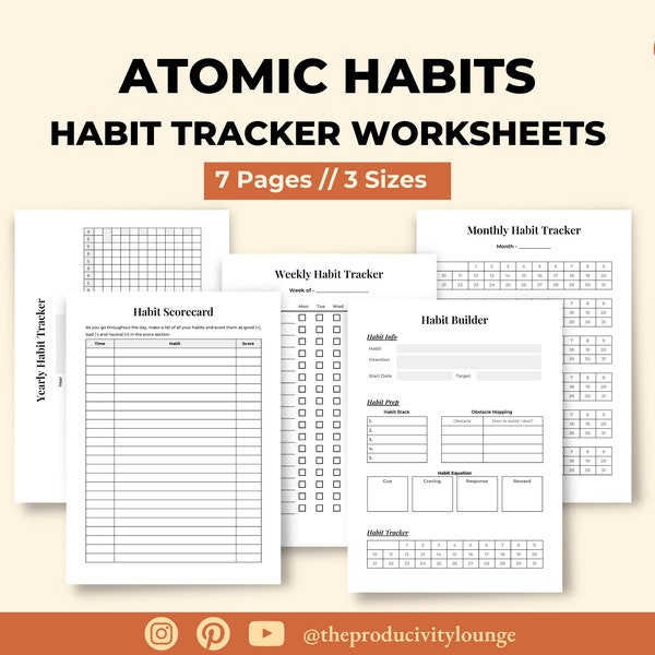 Atomic Habit Tracker -  Atomic habits by James Clear; Habit worksheet; Daily, Monthly, Weekly, yearly habit tracker; Habit Worksheets