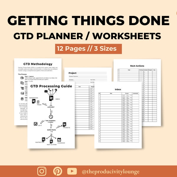 Getting Things Done GTD Template - Printable Productivity Planner bundle, GTD Inbox worksheets; gtd inserts, Task organizer, GTD David Allen