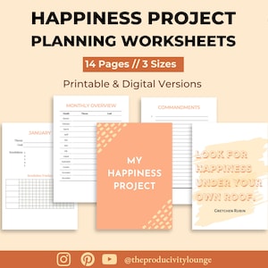 The Happiness Project Printable Planner Workbook - Self Care Planner, Daily habits planner, Happiness Tracker Worksheets, Goal Planner