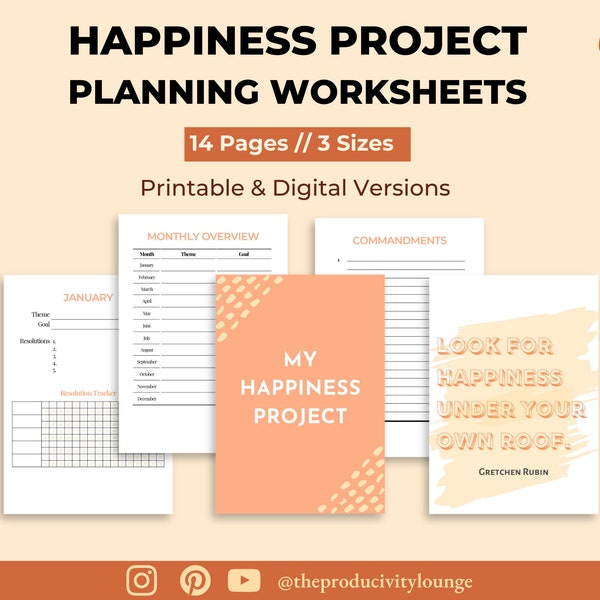 The Happiness Project Printable Planner Workbook - Self Care Planner, Daily habits planner, Happiness Tracker Worksheets, Goal Planner