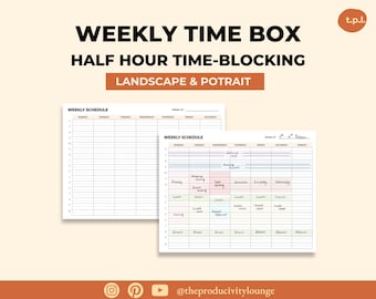 Weekly Time Blocking Printable Planner - Half Hour Time blocking printable template, Time box planner, Sunday Start and Monday Start