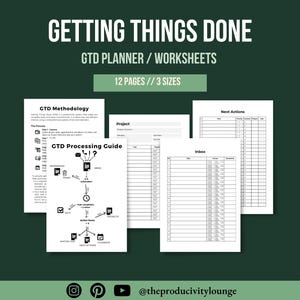 May include: A digital planner set titled GETTING THINGS DONE GTD PLANNER / WORKSHEETS with 12 pages in 3 sizes. The white pages feature black text and diagrams including a GTD Methodology guide, a GTD Processing Guide flowchart, and tables for Projects, Next Actions, and Inbox tasks.