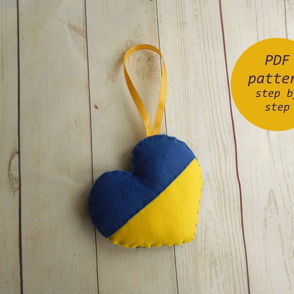 PDF pattern for women Easy PDF felt sewing pattern Ukrainian pattern for felt toys Plush ornament heart Heart for Ukraine pattern