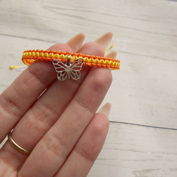 Yellow braided bracelet with butterly Orange nylon bracelet for woman Mother gift Butterfly bracelet for entomologist from nylon cord