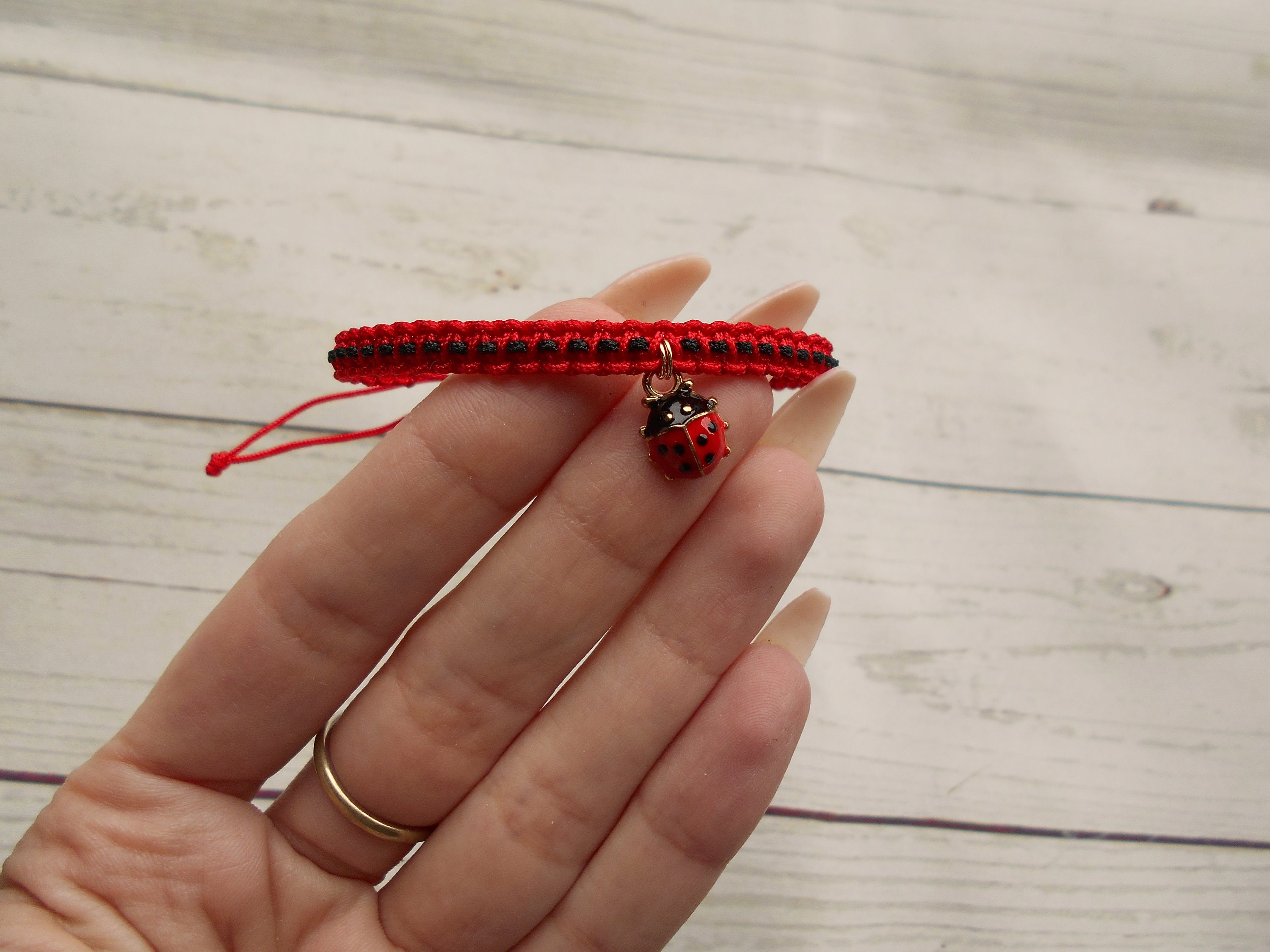 Funny Braided Bracelet With Ladybug Red Black Bracelet From